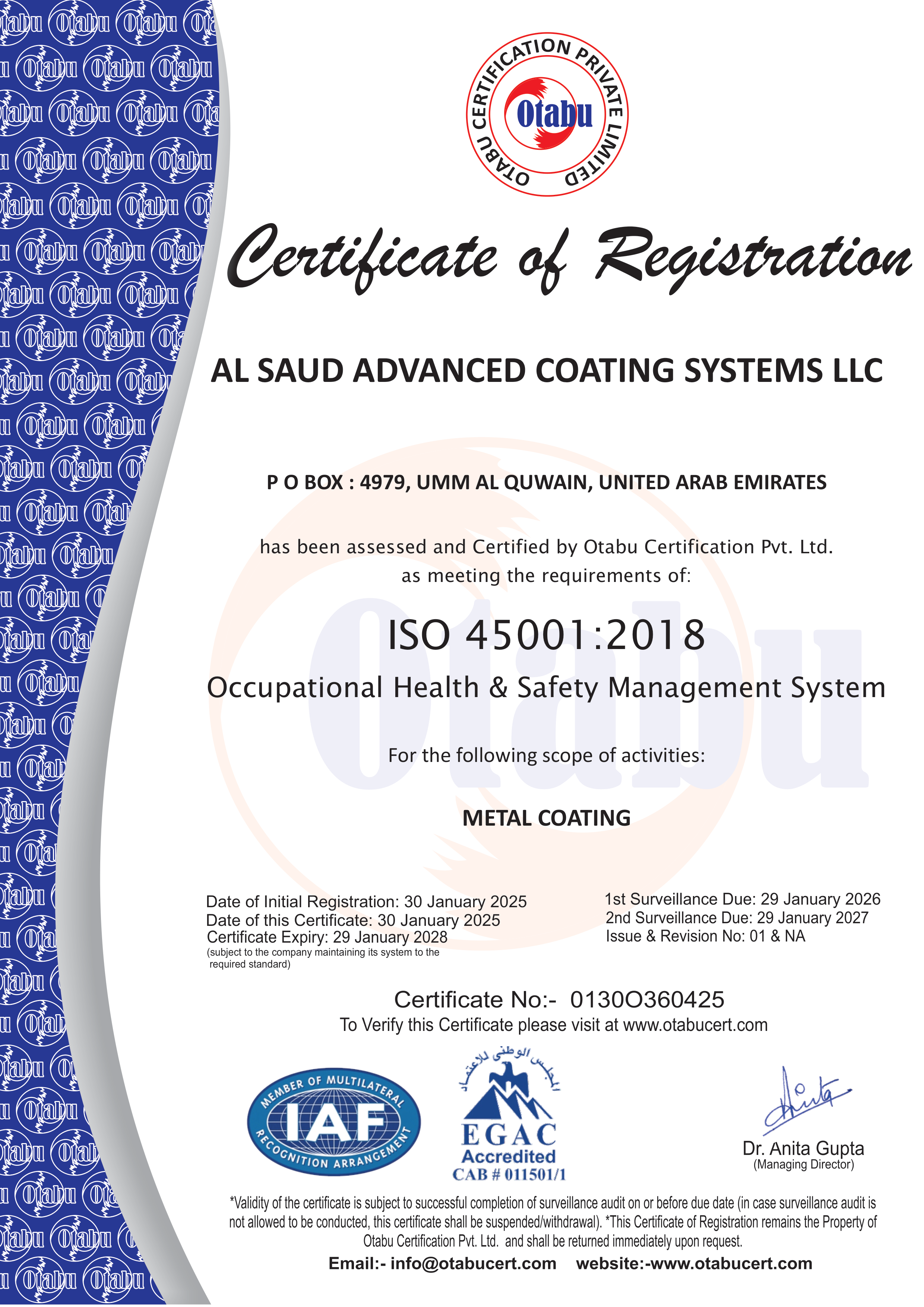 ISO 45001:2018 Occupational Health & Safety Management Certificate